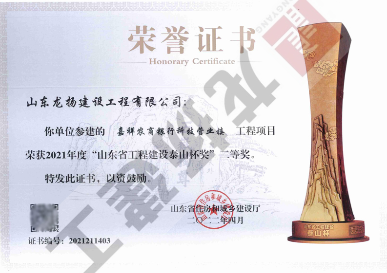 荣获2021年度山东省工程建设泰山奖二等奖